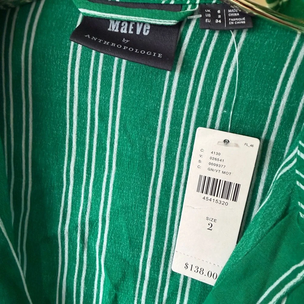 Maeve Anthropologie shirt dress green stripe button down belted size 2 nwt - Picture 5 of 7